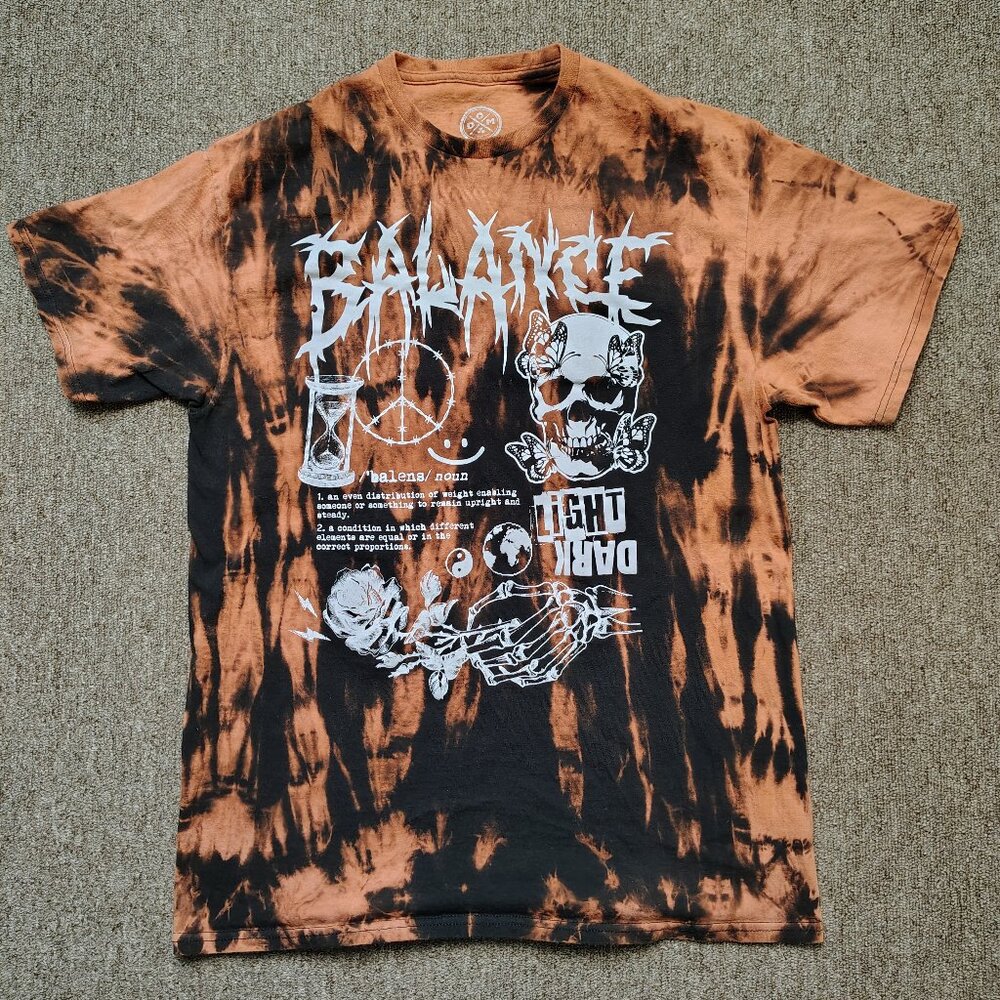 BLEACH DYED T-Shirt Men L Balance Skull Graphic Short Sleeve Gothic Streetwear